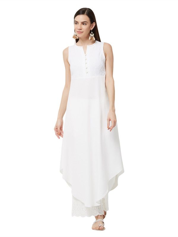 Women Embroidered Cotton Blend A-line Kurta  (White)