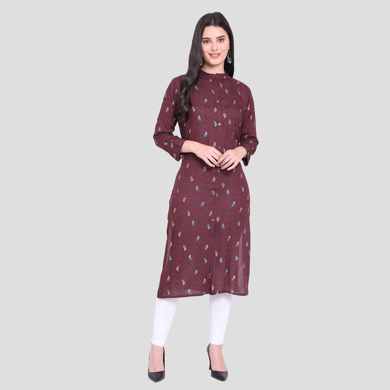 Women Printed Pure Cotton Frontslit Kurta  (Maroon)