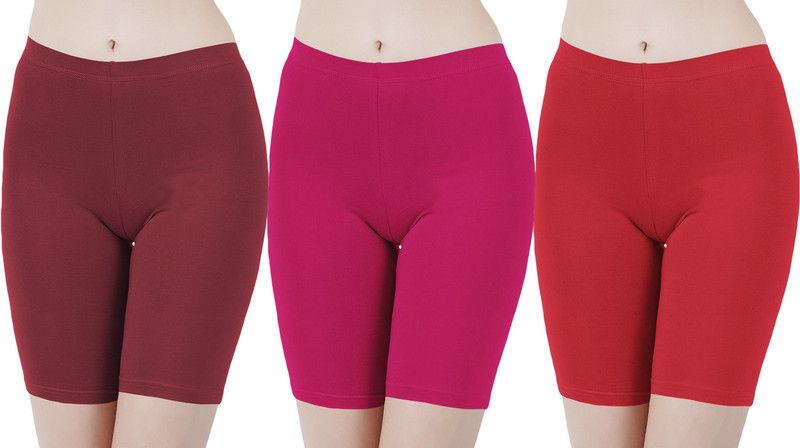 Pack of 3 Solid Women Maroon, Pink, Red Cycling Shorts