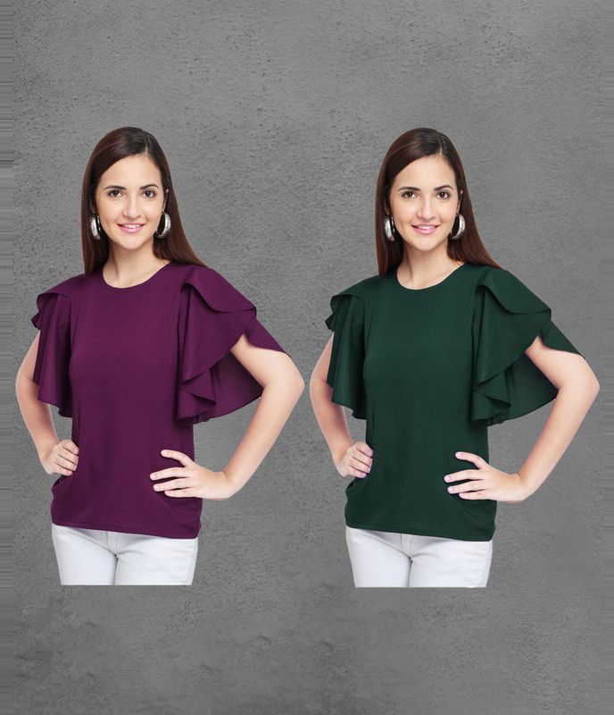 Pack of 2 Casual Petal Sleeves Solid Women Multicolor Top