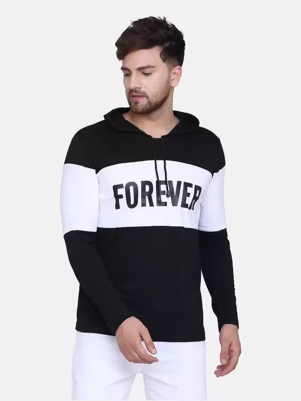 Men Striped Hooded Neck Cotton Blend White, Black T-Shirt