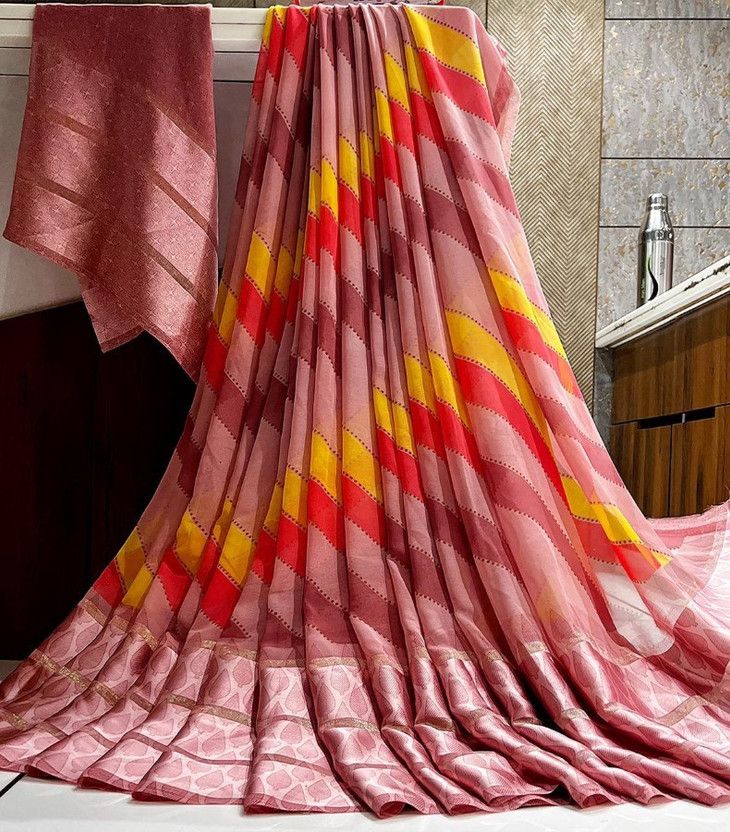 Printed Daily Wear Chiffon Saree  (Pack of 2, Pink)