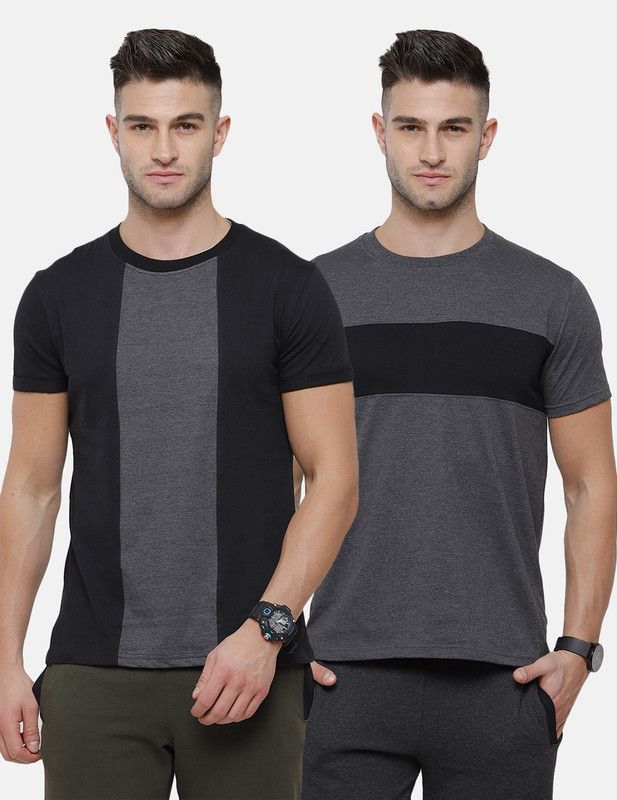 Pack of 2 Men Colorblock Round Neck Cotton Blend Black, Grey T-Shirt