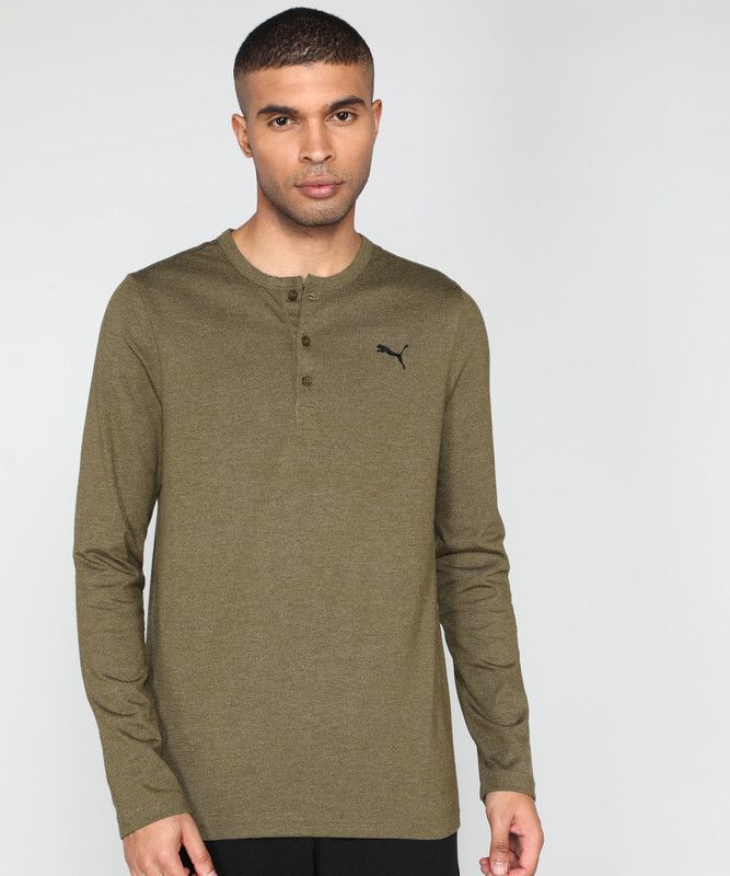 Henley Tee Men Solid Henley Neck Cotton Blend Green T-Shirt