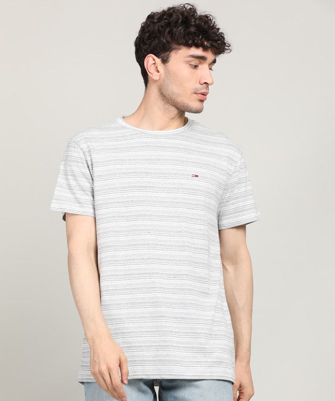 TJM WASHED JERSEY TEE Men Self Design Round Neck Cotton Blend White, Grey T-Shirt