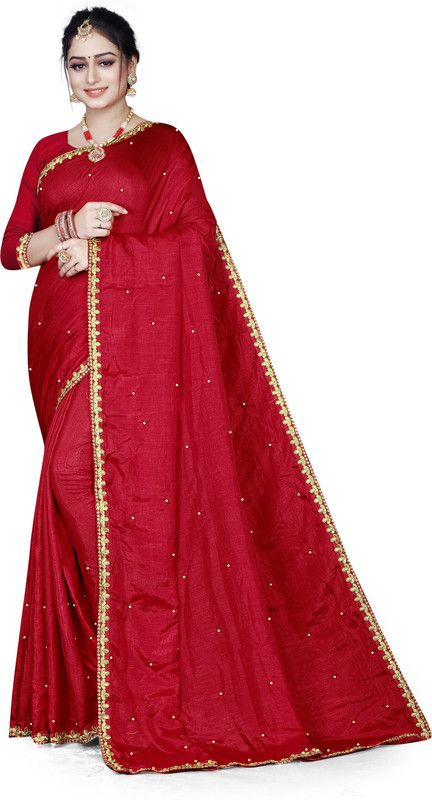 Embroidered Banarasi Lace Saree  (Red)