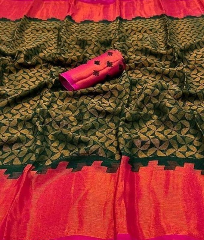 Printed Bollywood Brasso Saree  (Dark Green, Red)