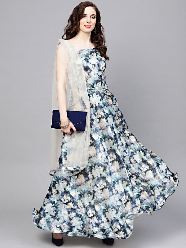 Floral Print Art Silk Stitched Flared/A-line Gown  (Blue)