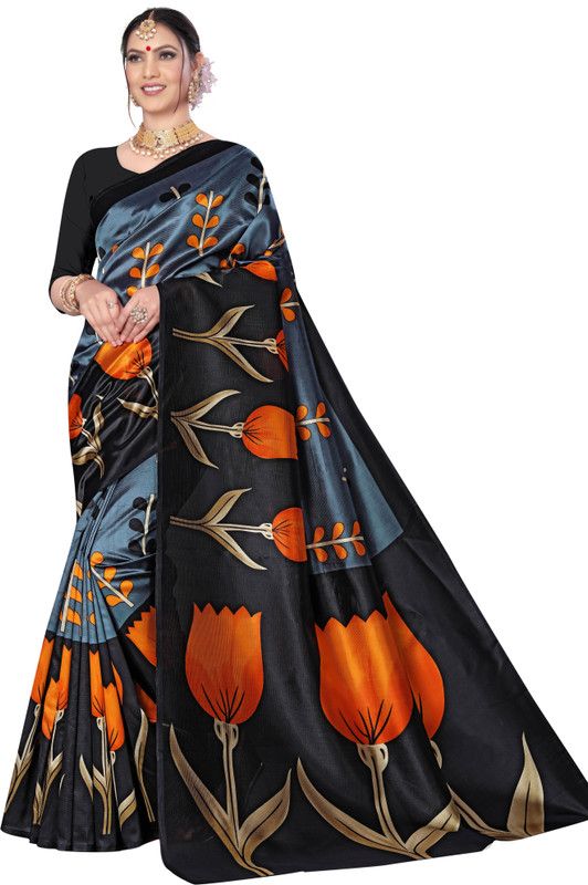 Printed Mysore Art Silk Saree  (Grey)