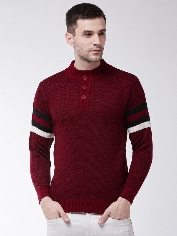 Men Printed High Neck Red Sweater