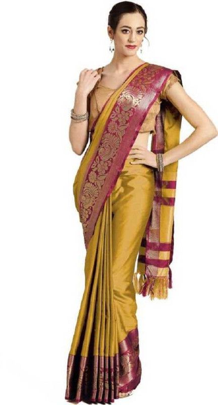 Woven Kanjivaram Cotton Blend, Jacquard Saree  (Yellow)