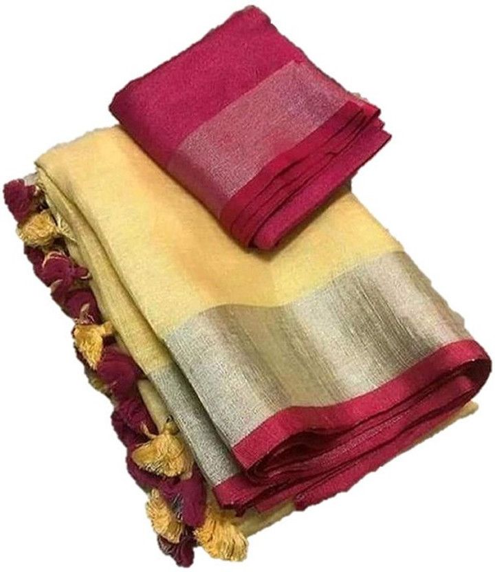 Solid/Plain Bhagalpuri Cotton Linen Saree  (Cream)