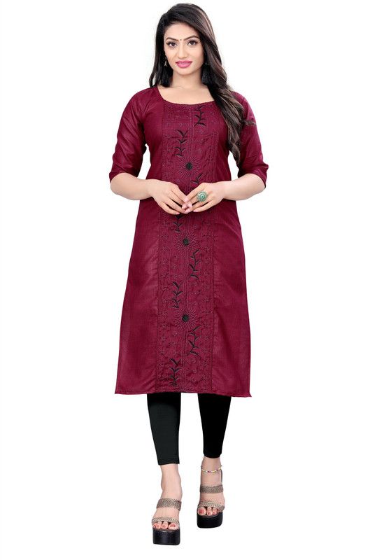 Women Embroidered Cotton Blend Straight Kurta  (Purple)