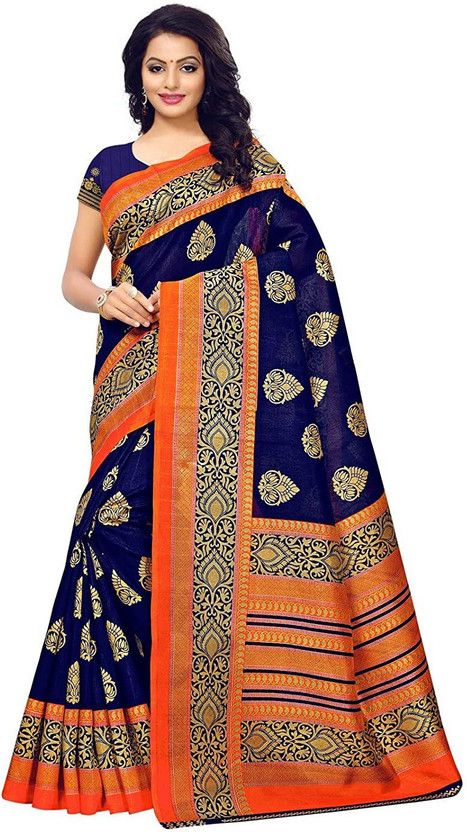 Printed Bhagalpuri Art Silk Saree  (Blue, Orange)