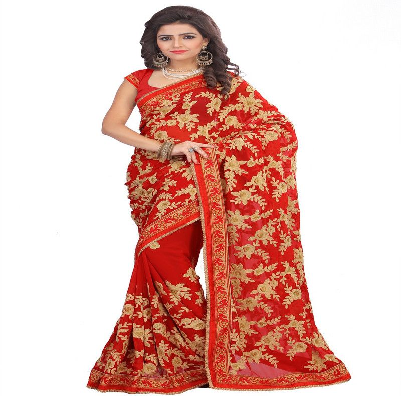 Embroidered Bollywood Georgette Saree  (Red, Gold)