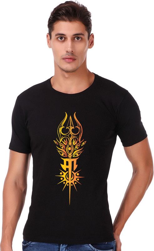 Men Graphic Print Round Neck Cotton Blend Black T-Shirt