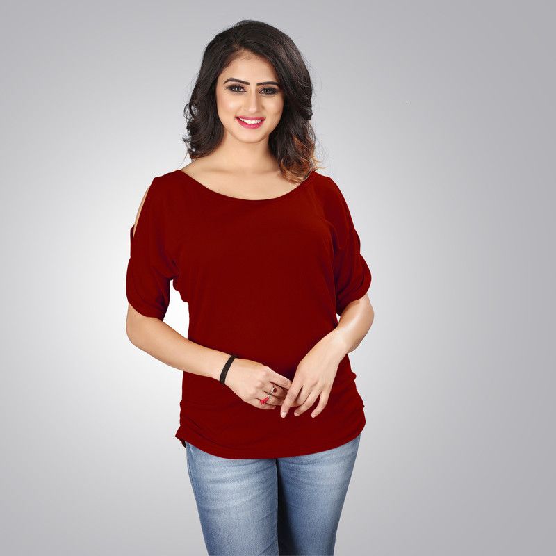 Casual Cutout Solid Women Maroon Top