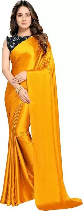 Solid/Plain Bollywood Satin Saree  (Yellow)