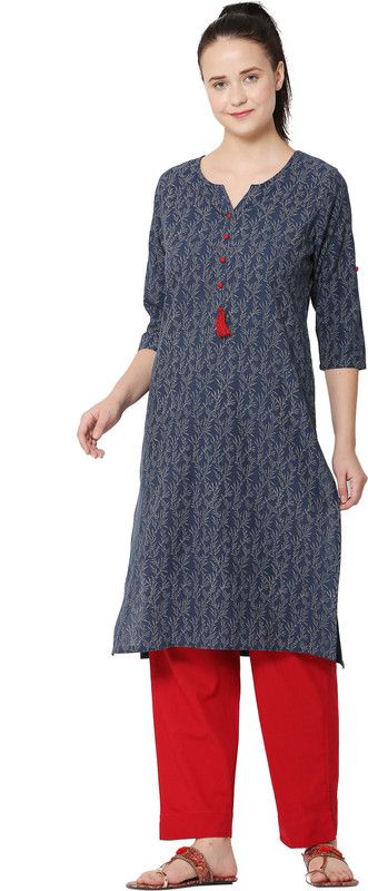 Women Geometric Print Cotton Blend Straight Kurta  (Blue)