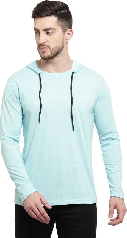 Men Solid Hooded Neck Cotton Blend Blue T-Shirt