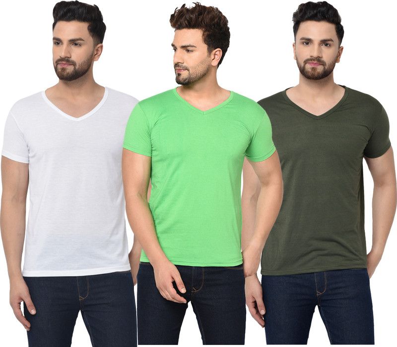 Pack of 3 V neck Combo T-shirts Multicolor Men Solid V Neck Cotton Blend Dark Green, White, Green T-Shirt