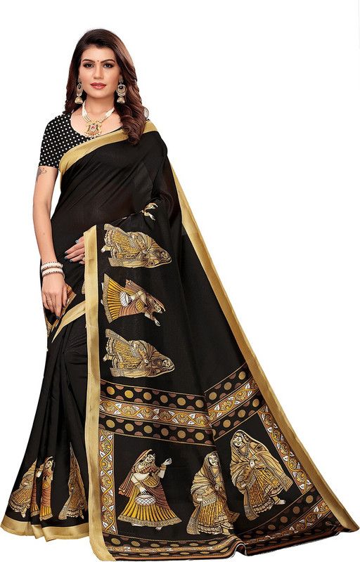 Printed Daily Wear Silk Blend Saree  (Black)