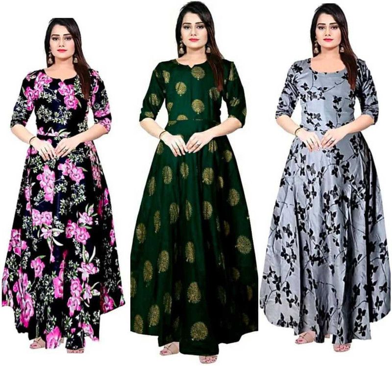 Pack of 3 Women Printed Cotton Rayon Anarkali Kurta  (Multicolor)