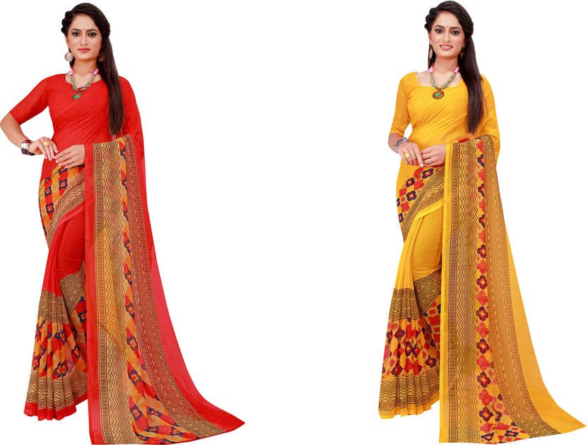 Printed Daily Wear Georgette Saree  (Pack of 2, Red, Yellow)