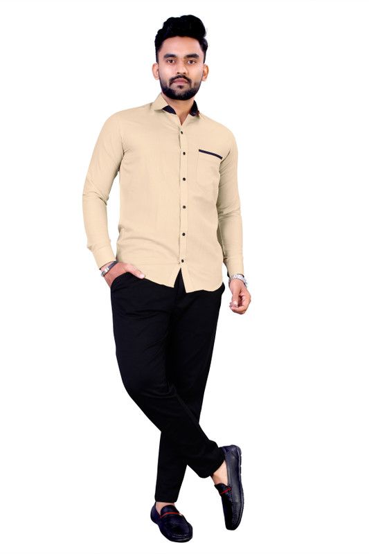 Men Solid Casual Beige Shirt