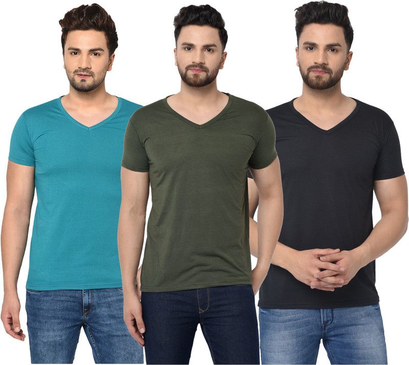 Pack of 3 Men Solid V Neck Cotton Blend Dark Blue, Blue, Black T-Shirt
