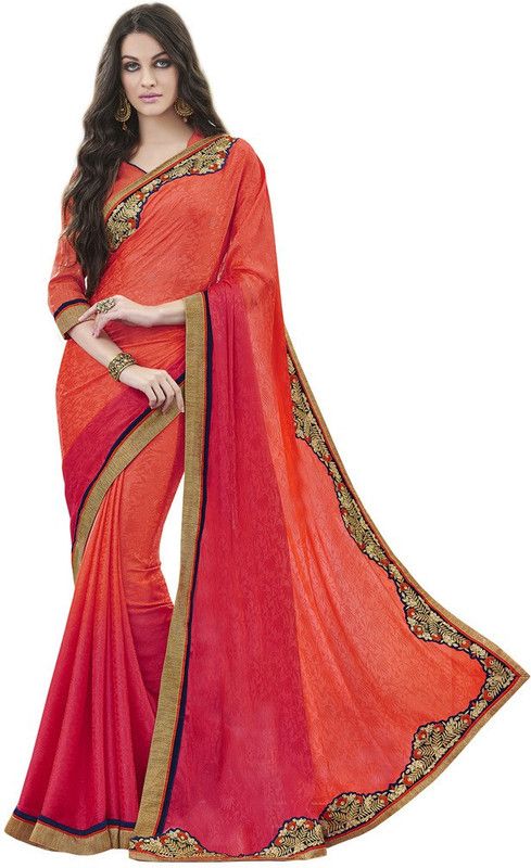 Embroidered Bollywood Cotton Blend, Crepe Saree  (Orange)