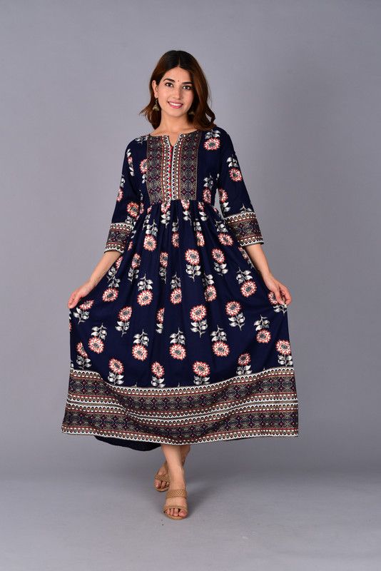 Women Block Print Viscose Rayon Anarkali Kurta  (Dark Blue)