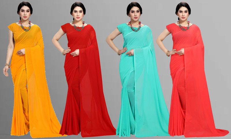 Solid/Plain Daily Wear Chiffon Saree  (Pack of 4, Multicolor)