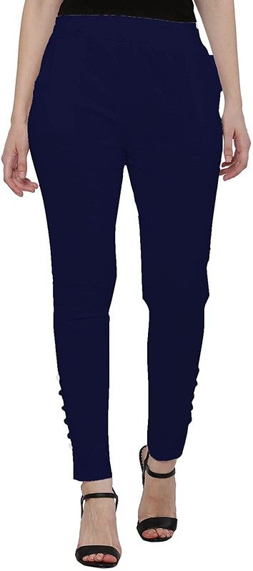Women Slim Fit Dark Blue Lycra Blend Trousers