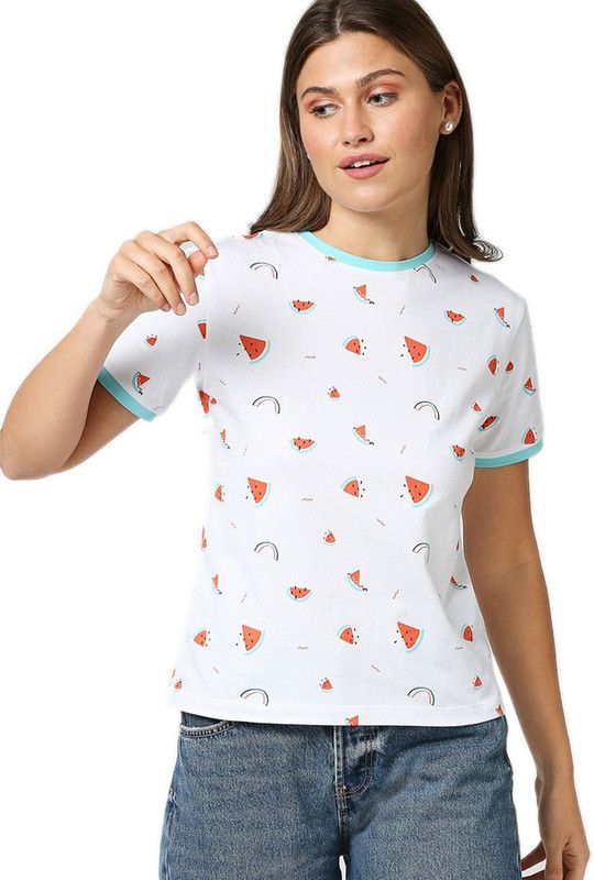 Women Printed Round Neck Pure Cotton Multicolor T-Shirt