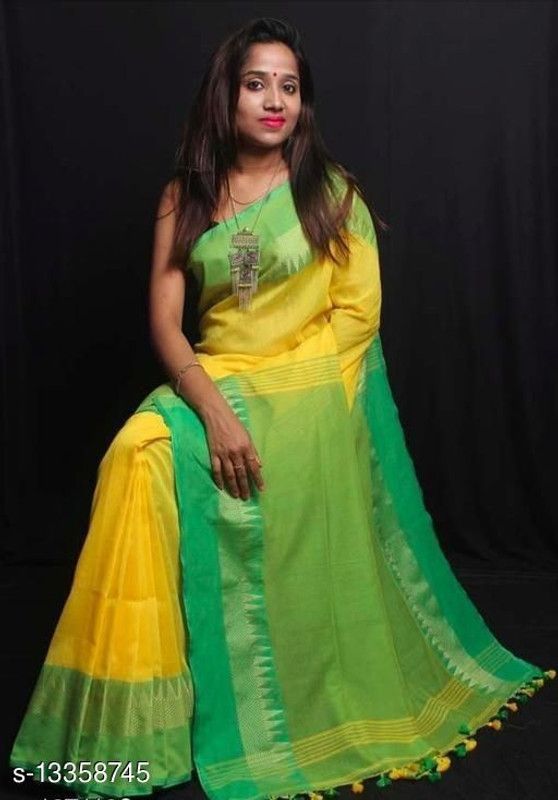 Bollywood Cotton Silk Saree  (Yellow, Green)