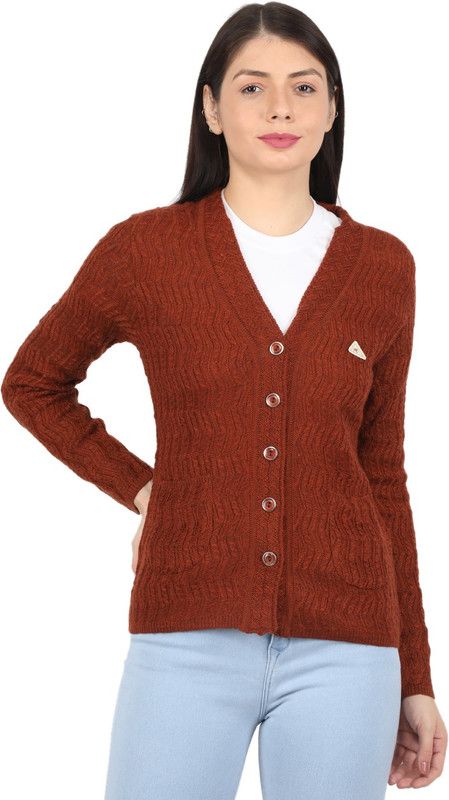 Women Self Design V Neck Brown Sweater