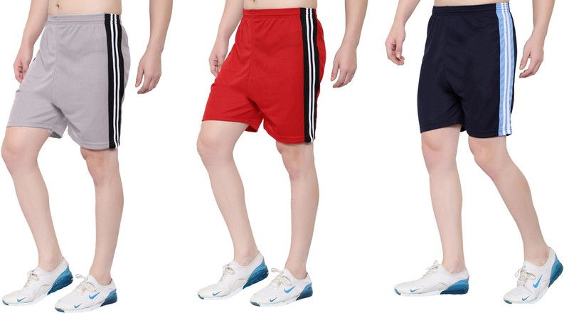 Pack of 3 Solid Men & Women Dark Blue, Red, Grey Sports Shorts