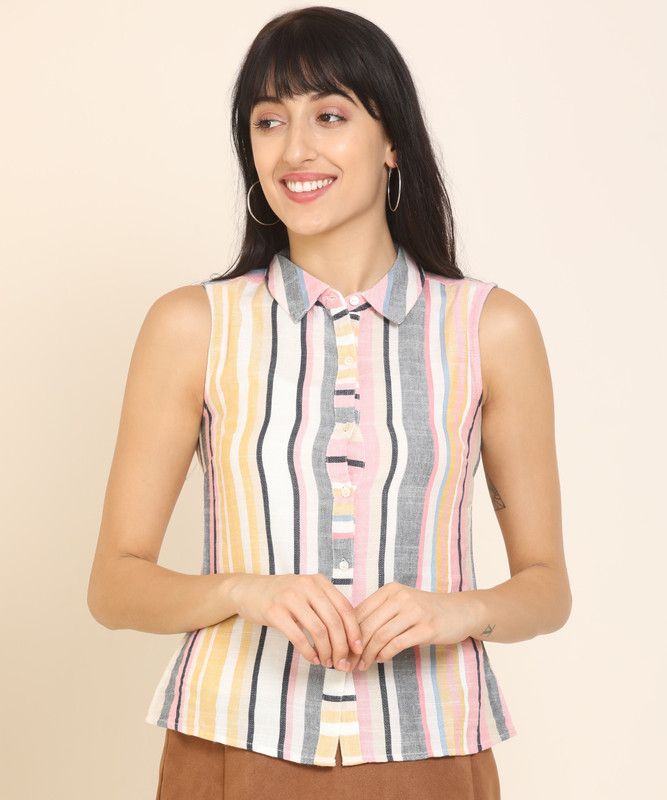 Casual Sleeveless Striped Women Multicolor Top