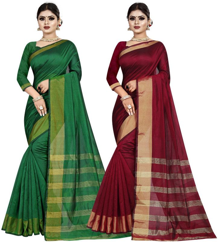Woven Kanjivaram Cotton Silk Saree  (Pack of 2, Green, Maroon)