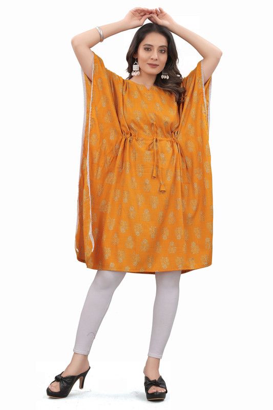 Women Printed Pure Cotton Kaftan Kurta  (Yellow)