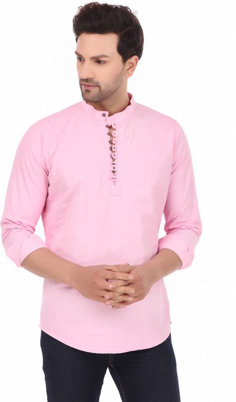 Men Washed Cotton Blend Straight Kurta  (Pink)