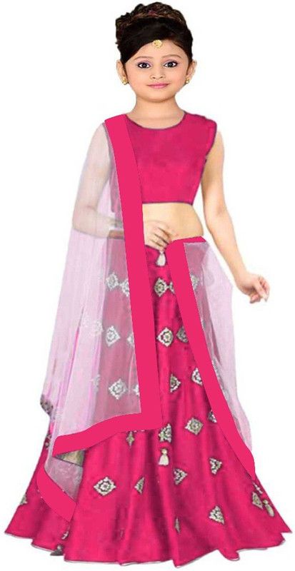 Girls Lehenga Choli Party Wear, Ethnic Wear Solid Lehenga, Choli and Dupatta Set  (Pink, Pack of 3)