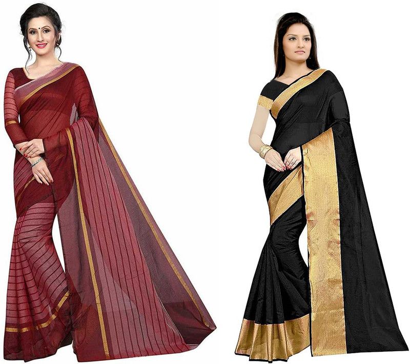 Geometric Print Daily Wear Cotton Silk Saree  (Pack of 2, Maroon, Black)