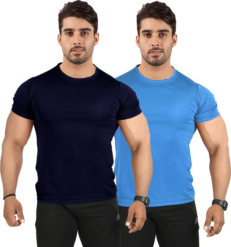 Pack of 2 UDI n ADI Men's Navyblue And Skyblue Combo T-Shirt Polyester Drifit For Men Pack Of 2 Men Solid Round Neck Viscose Rayon Dark Blue, Light Blue T-Shirt