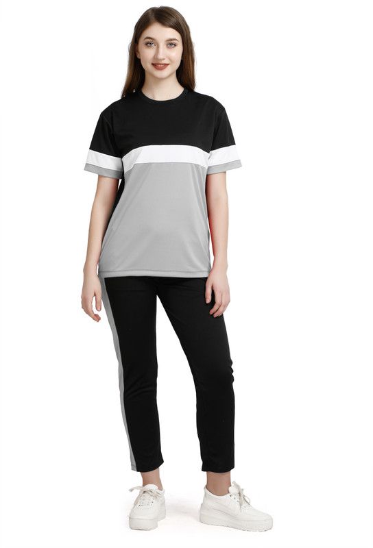 Women Night Suit Set Grey Colorblock