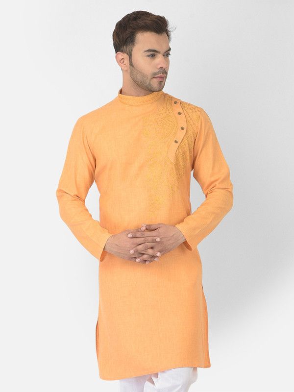 Men Embroidered Pure Cotton Straight Kurta  (Yellow)