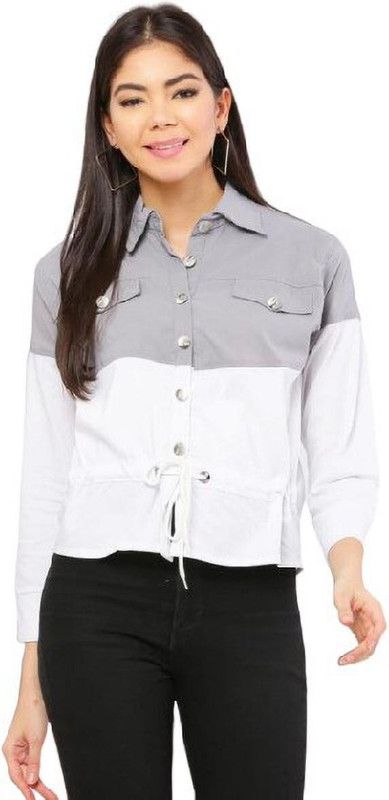 Casual Color Block Women White, Grey Top