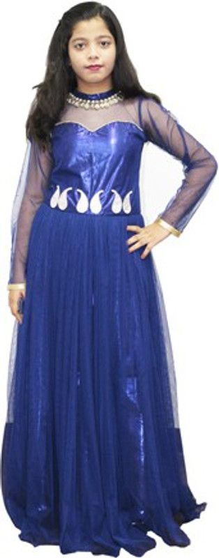 Solid Cotton Blend Anarkali Gown  (Dark Blue)