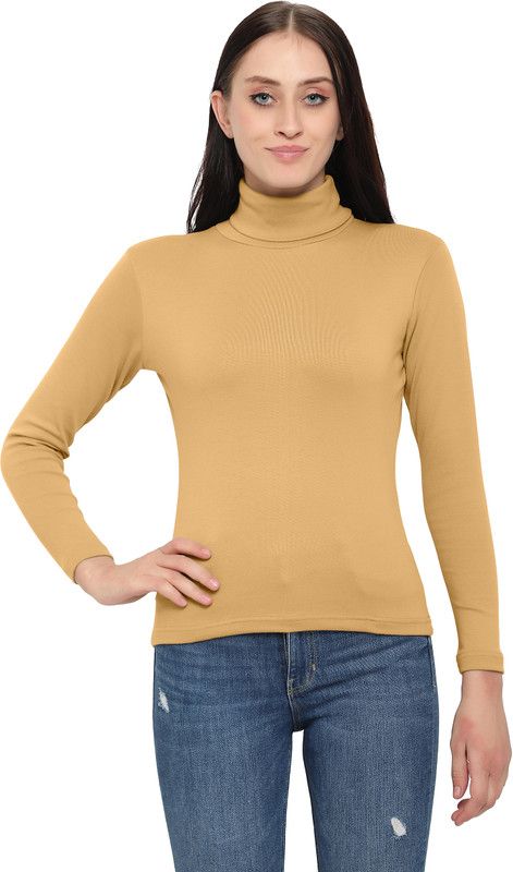Women Solid Turtle Neck Cotton Blend Beige T-Shirt